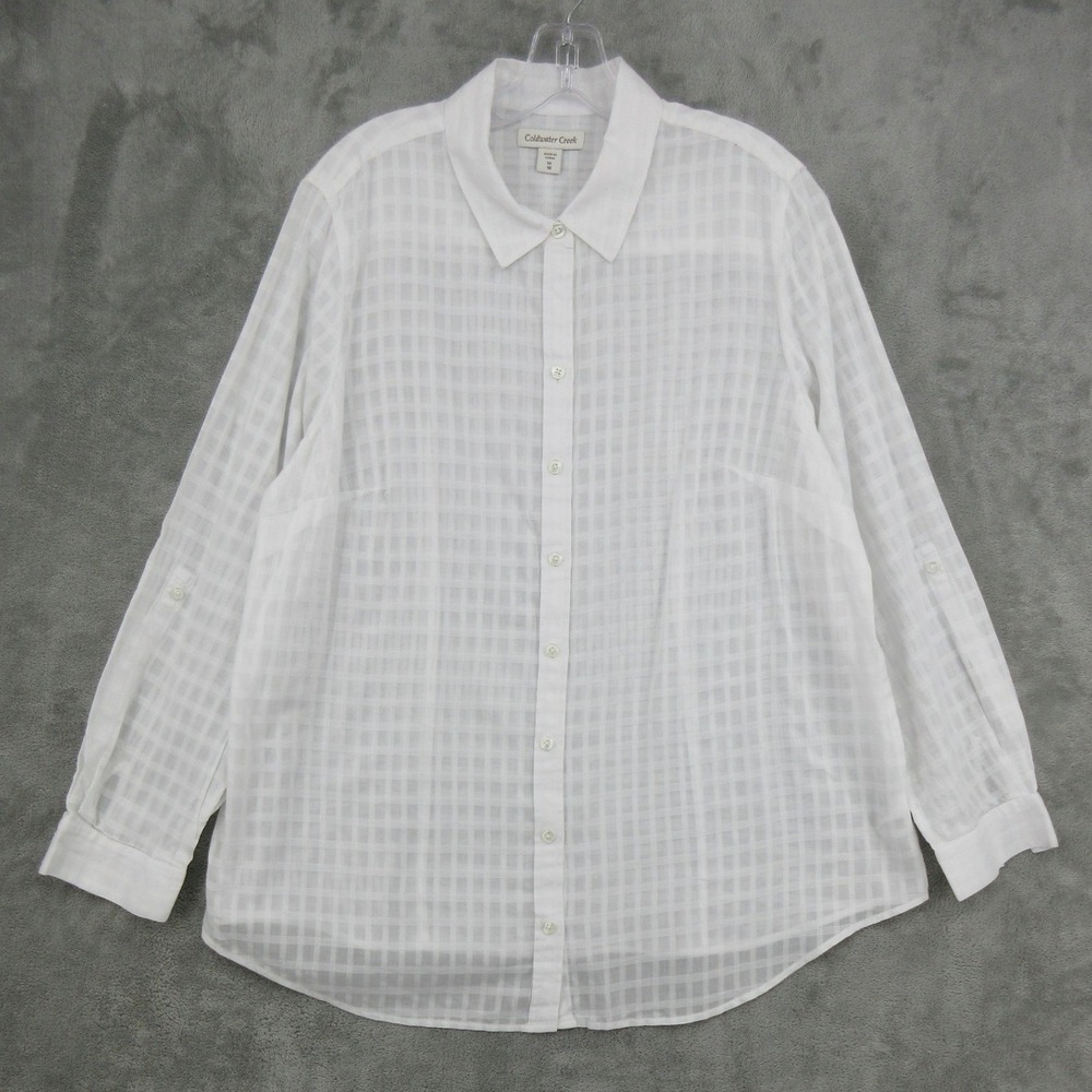 Coldwater Creek Shirt Womens Size 1X Windowpane Cotton Roll Tab Minimalist Boxy